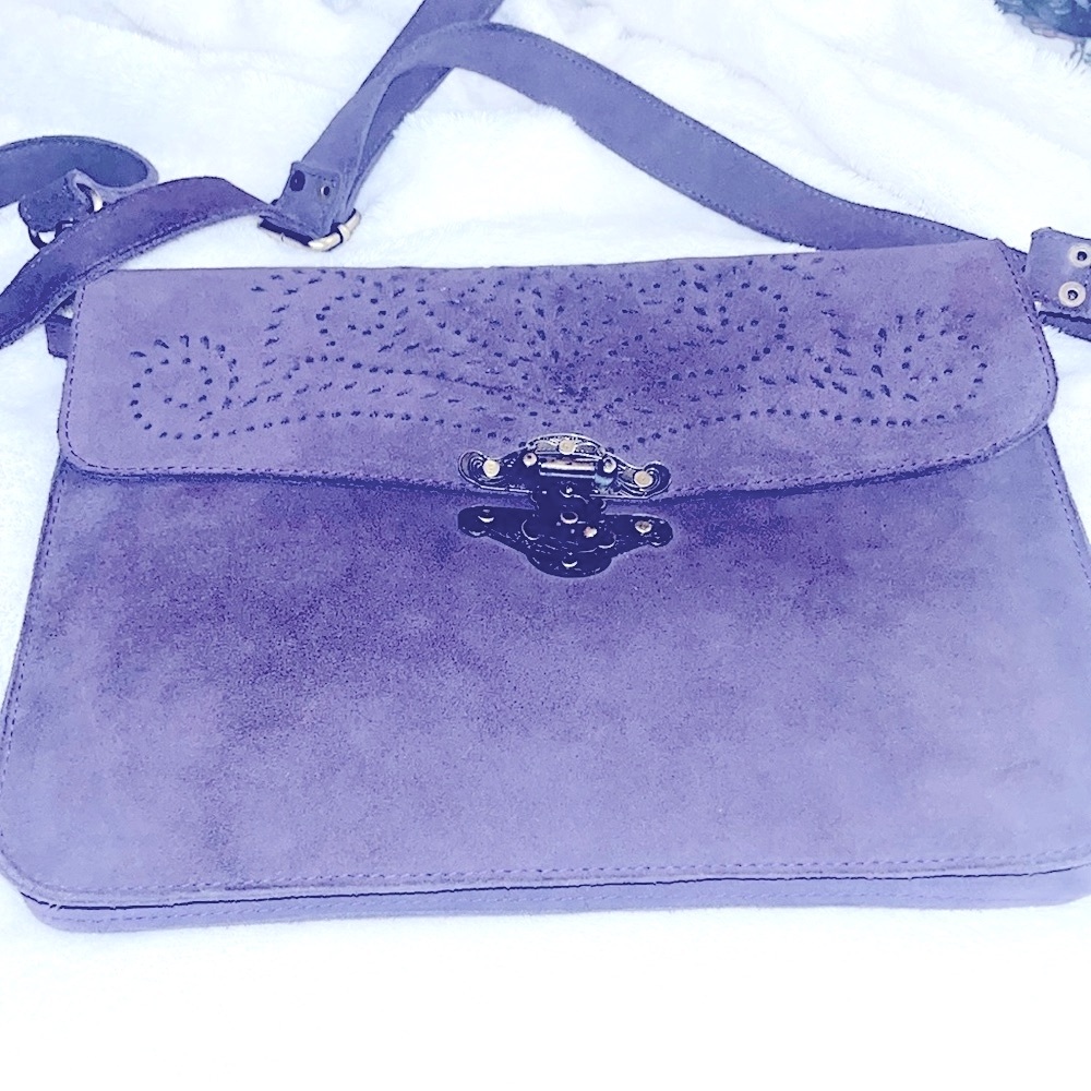 Purple Suede Queens art leather goods Bali leather crossbody bag purse